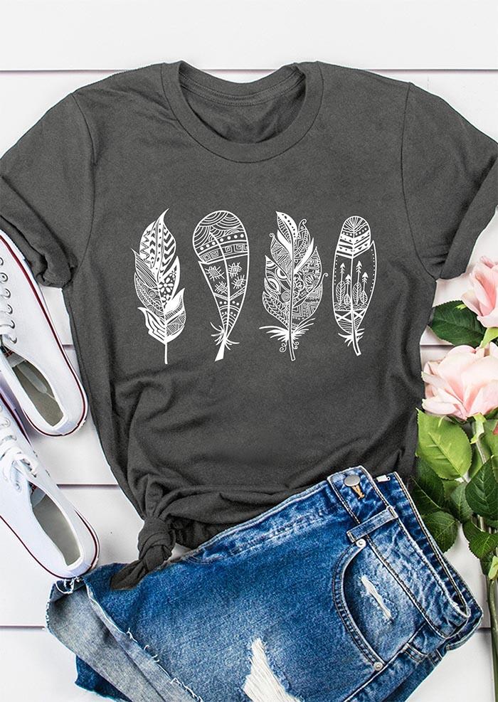T-shirts Tees Geometric Feather O-Neck T-Shirt Tee in Gray. Size: L