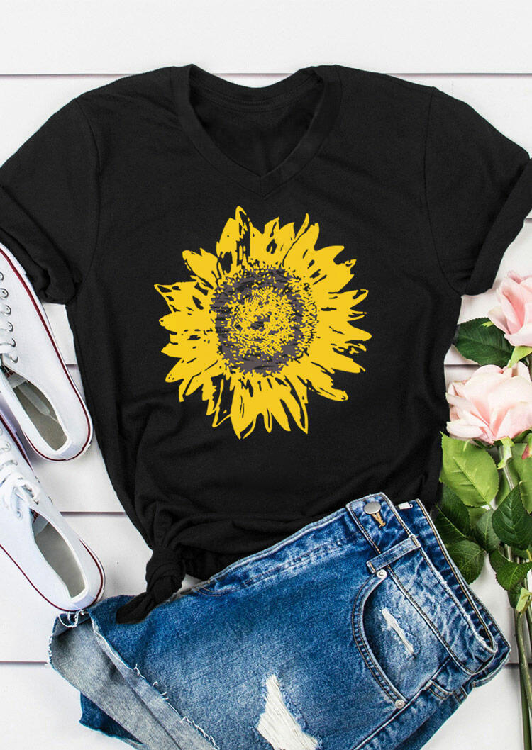 

T-shirts Tees Sunflower V-Neck Casual T-Shirt Tee in Black. Size