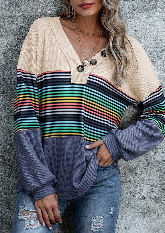 

Colorful Striped Button Long Sleeve V-Neck Blouse, Multicolor, 493085