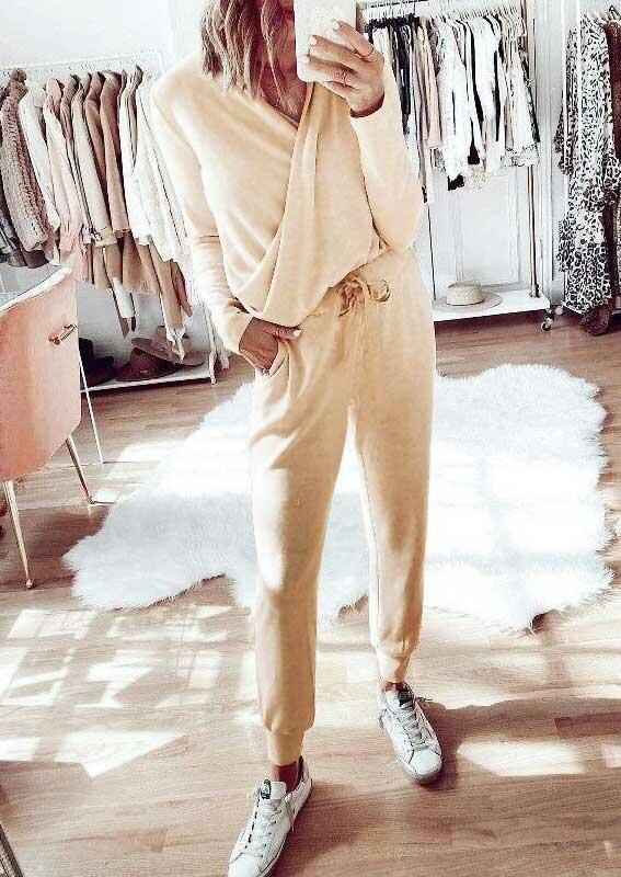

Two-Piece Sets V-Neck Long Sleeve Blouse And Drawstring Pocket Pants Two-Piece Set in Apricot. Size