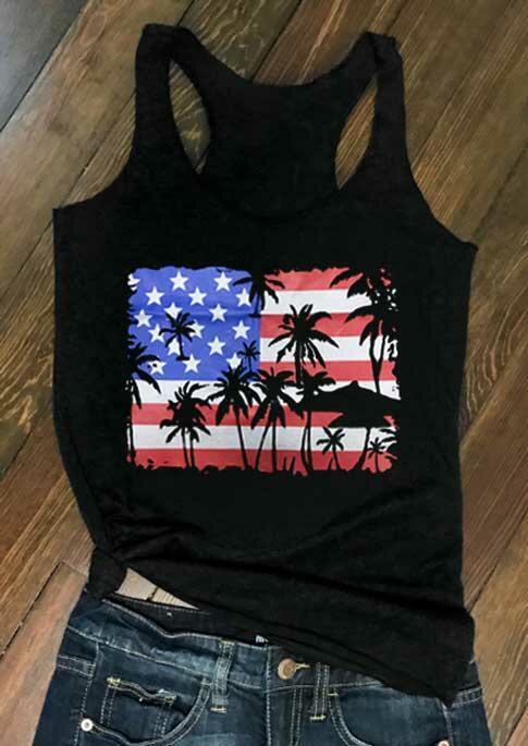 

Tank Tops American Flag Coconut Tree Racerback Tank Top in Black. Size: ,L