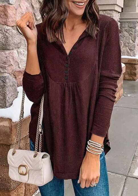 

Blouses Button V-Neck Drop Shoulder Blouse in Burgundy. Size: ,L