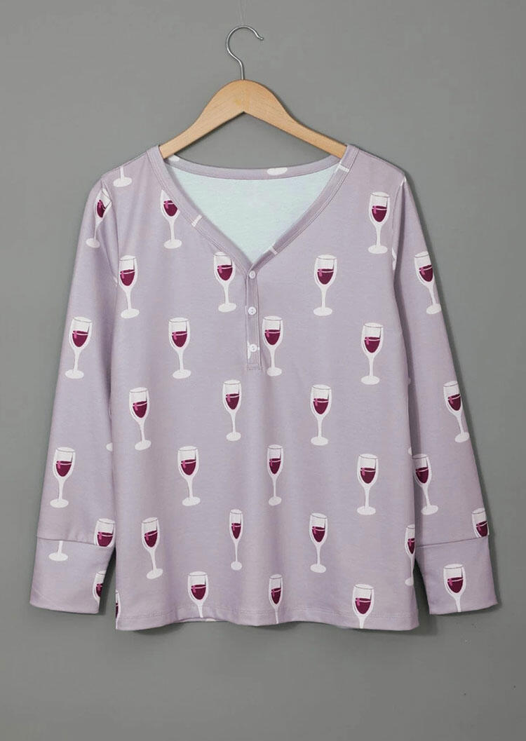 

Sleepwear Wine Glass V-Neck Button Blouse And Tie Pants Pajamas Set in Light Purple. Size