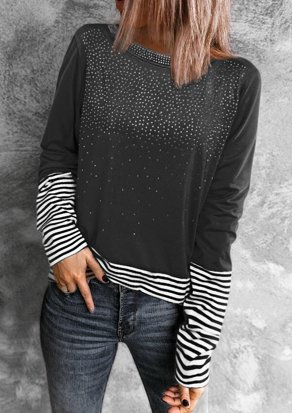 

Blouses Rhinestone Striped Splicing Long Sleeve Blouse in Dark Grey. Size: ,L