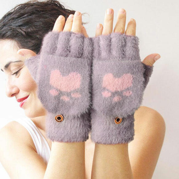 

Gloves Winter Plush Cat Paw Convertible Fingerless Gloves in Light Purple. Size