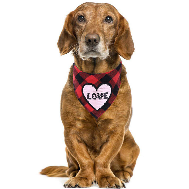 

Valentine's Day Gift Buffalo Plaid Love Heart Pet Dog Bandana in Pink. Size