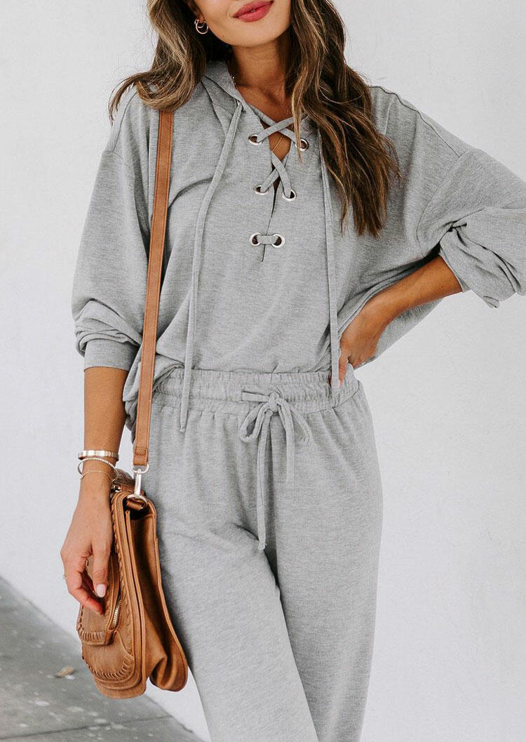 

Lace Up Batwing Sleeve Hoodie And Drawstring Pants Two-Piece Set, Gray, 493233