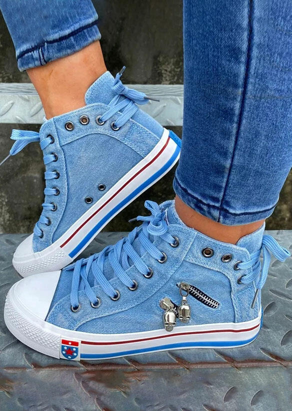 

Sneakers Zipper Lace Up Round Toe Flat Denim Sneakers in Blue. Size