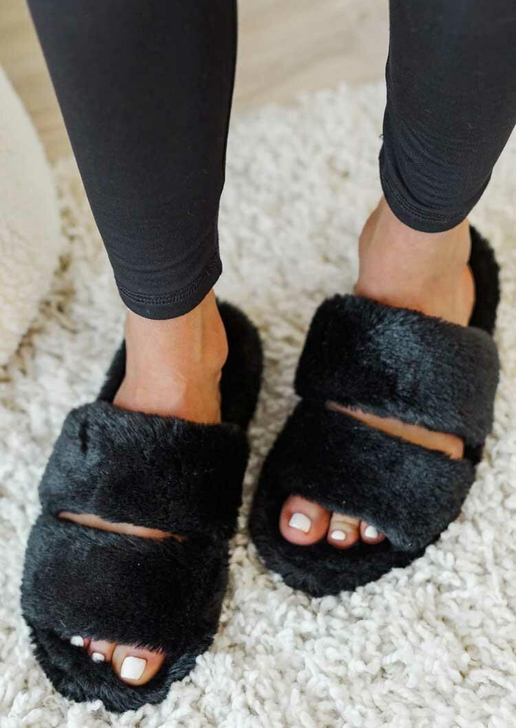 

Slippers Plush Warm Two Strap Slip On Flat Slippers in Black. Size: ,39,41