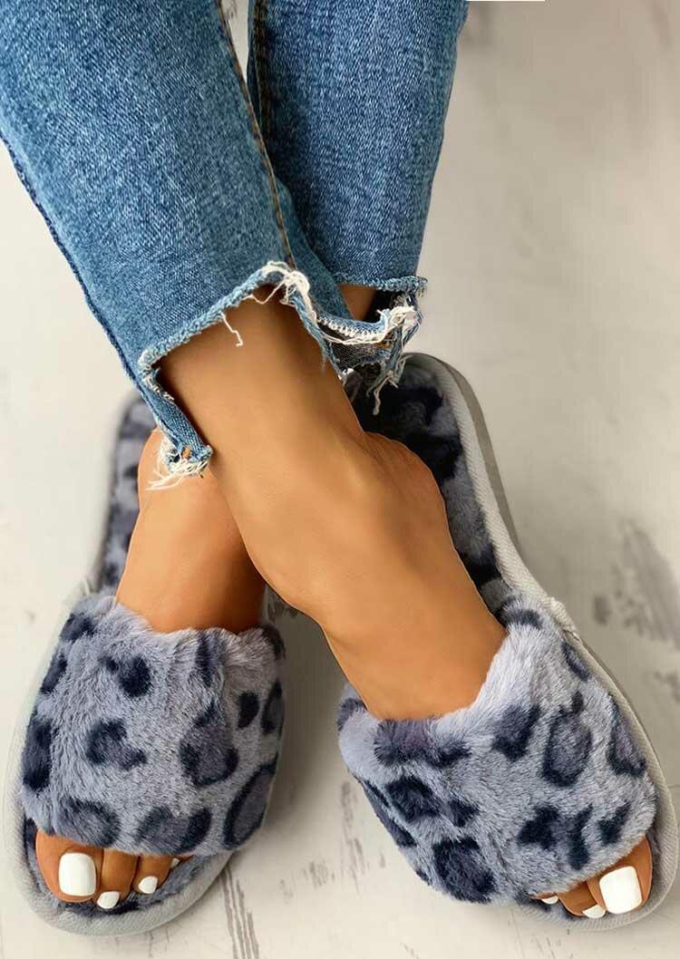 

Slippers Leopard Peep Toe Warm Plush Indoor Slippers in Leopard. Size