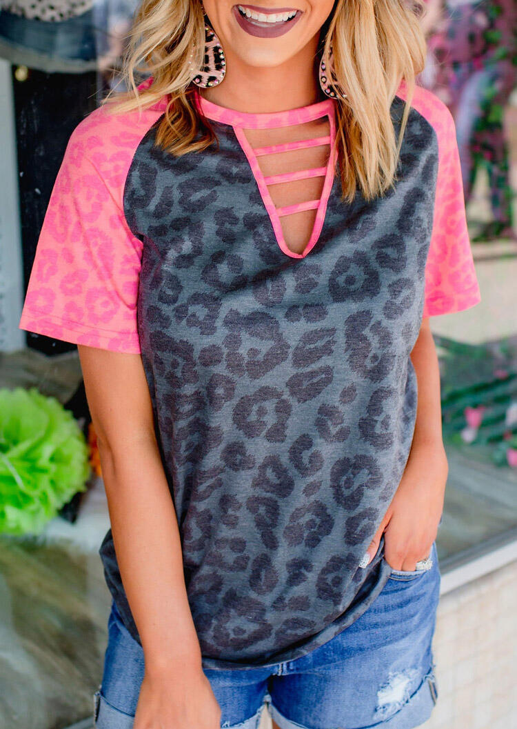 

T-shirts Tees Leopard Hollow Out Raglan Sleeve T-Shirt Tee in Leopard. Size: ,M,L