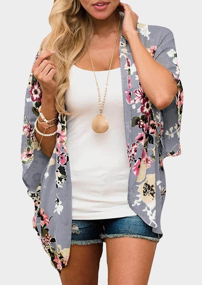 Cardigans Floral Three Quarter Sleeve Cardigan without Necklace in Blue,Multicolor. Size: 2XL,L,M,S,XL