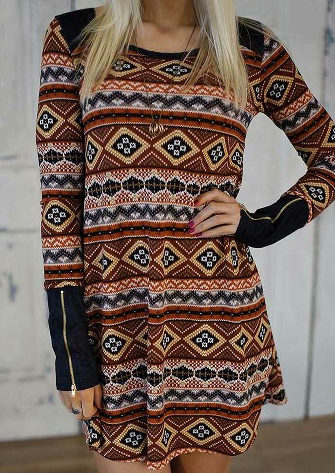 

Mini Dresses Aztec Geometric Zipper Long Sleeve Mini Dress in Multicolor. Size: S,M,,XL