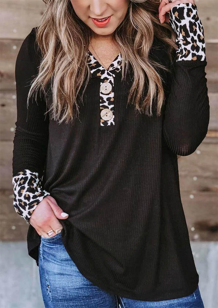 

Blouses Leopard Splicing Button Long Sleeve Blouse in Black. Size: S,M,,XL