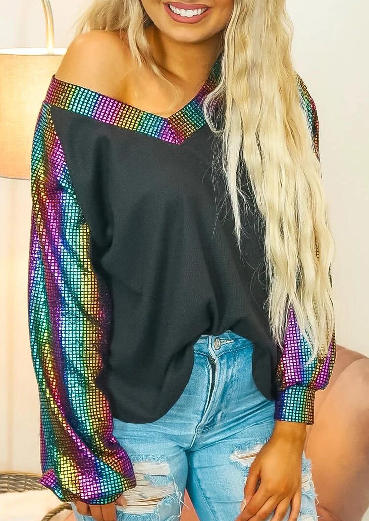 

Blouses Colorful Sequined Splicing Long Sleeve Blouse in Dark Grey. Size: S,M,,XL