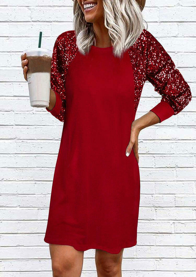 Splicing Raglan Sleeve O-Neck Mini Dress - Red