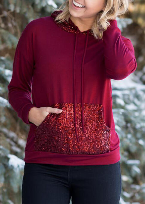 

Hoodies Sequined Splicing Kangaroo Pocket Drawstring Hoodie in Burgundy. Size: S,M,,XL