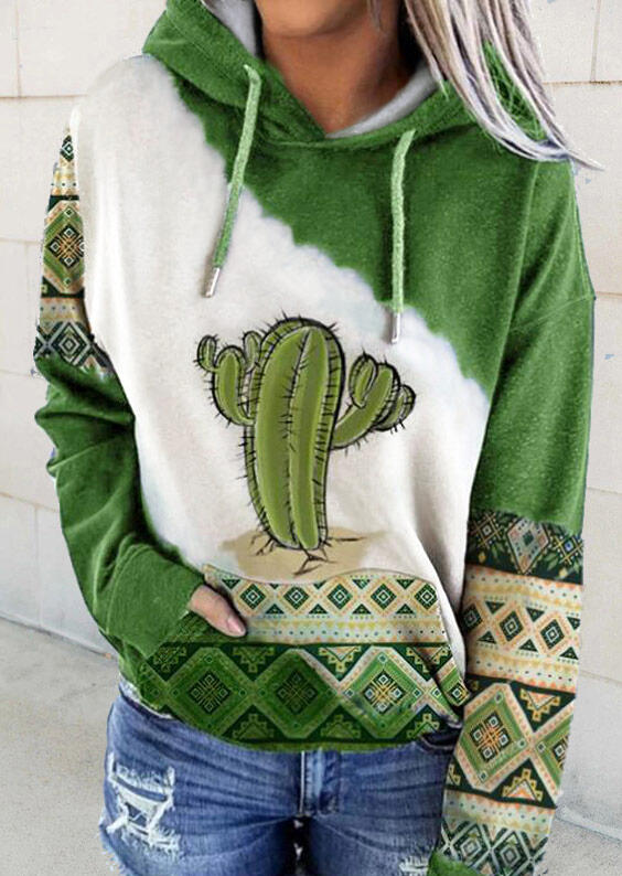 

Hoodies Cactus Aztec Geometric Kangaroo Pocket Drawstring Hoodie in Green. Size: ,XL