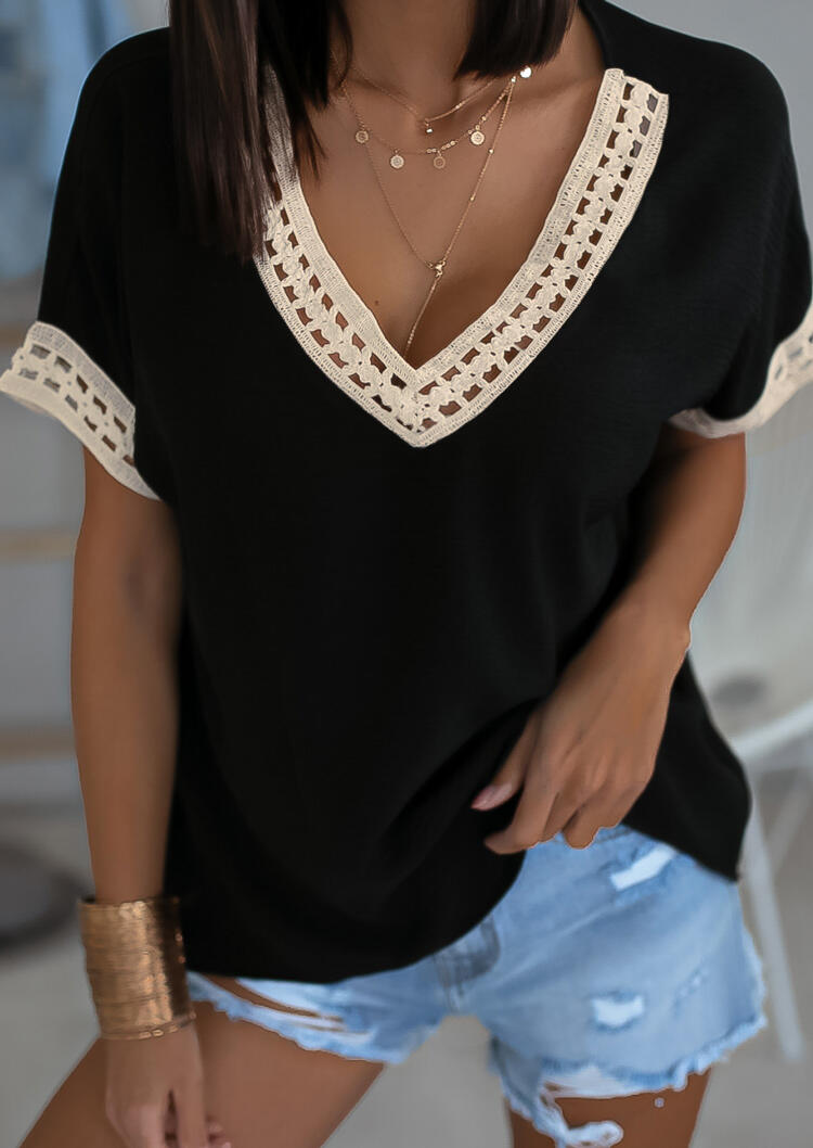 Hollow Out Lace Splicing V-Neck Blouse - Black