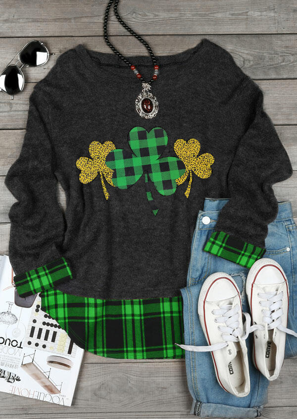 

Blouses St. Patrick' Day Lucky Shamrock Plaid Leopard Blouse in Dark Grey. Size