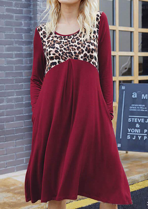 

Casual Dresses Leopard Splicing O-Neck Long Sleeve Casual Dress in Red. Size: S,M,,XL