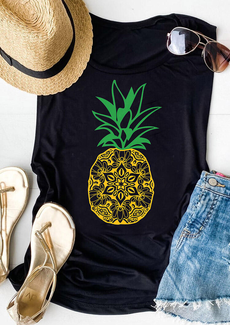 

Tank Tops Mandala Pineapple O-Neck Casual Tank Top in Black. Size