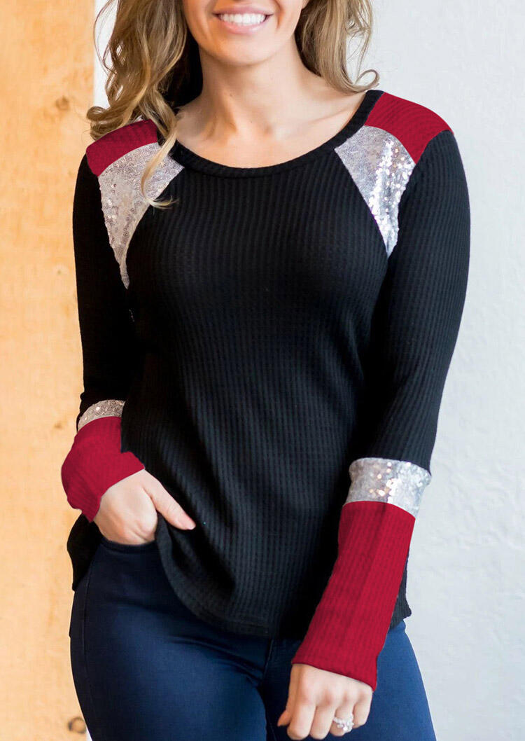 

Blouses Sequined Color Block Long Sleeve Blouse in Black. Size: S,M,,XL