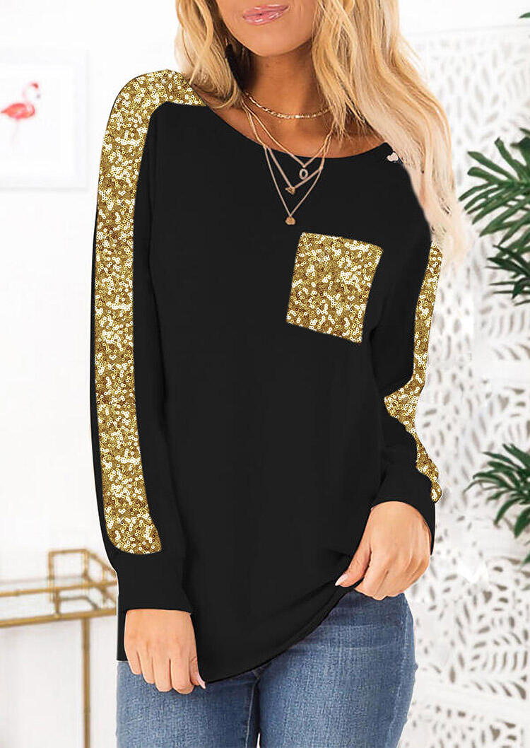 

Blouses Sequined Splicing Pocket Long Sleeve Blouse in Black. Size: S,M,,XL