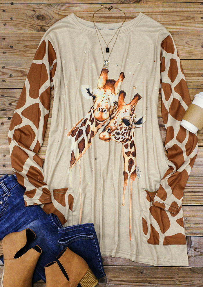 

Mini Dresses Giraffe Pocket Long Sleeve Mini Dress in Khaki. Size: ,XL