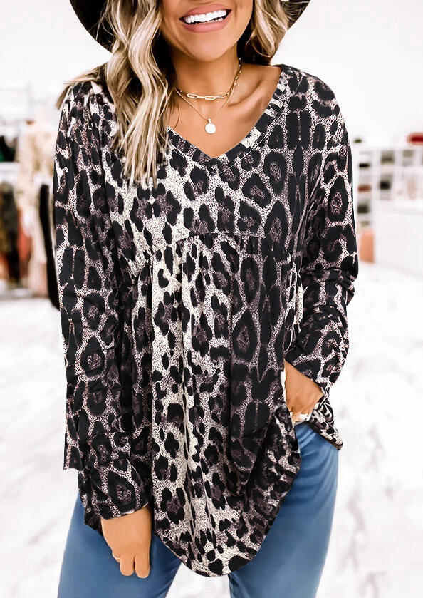 

Blouses Leopard Ruffled Long Sleeve V-Neck Blouse in Leopard. Size