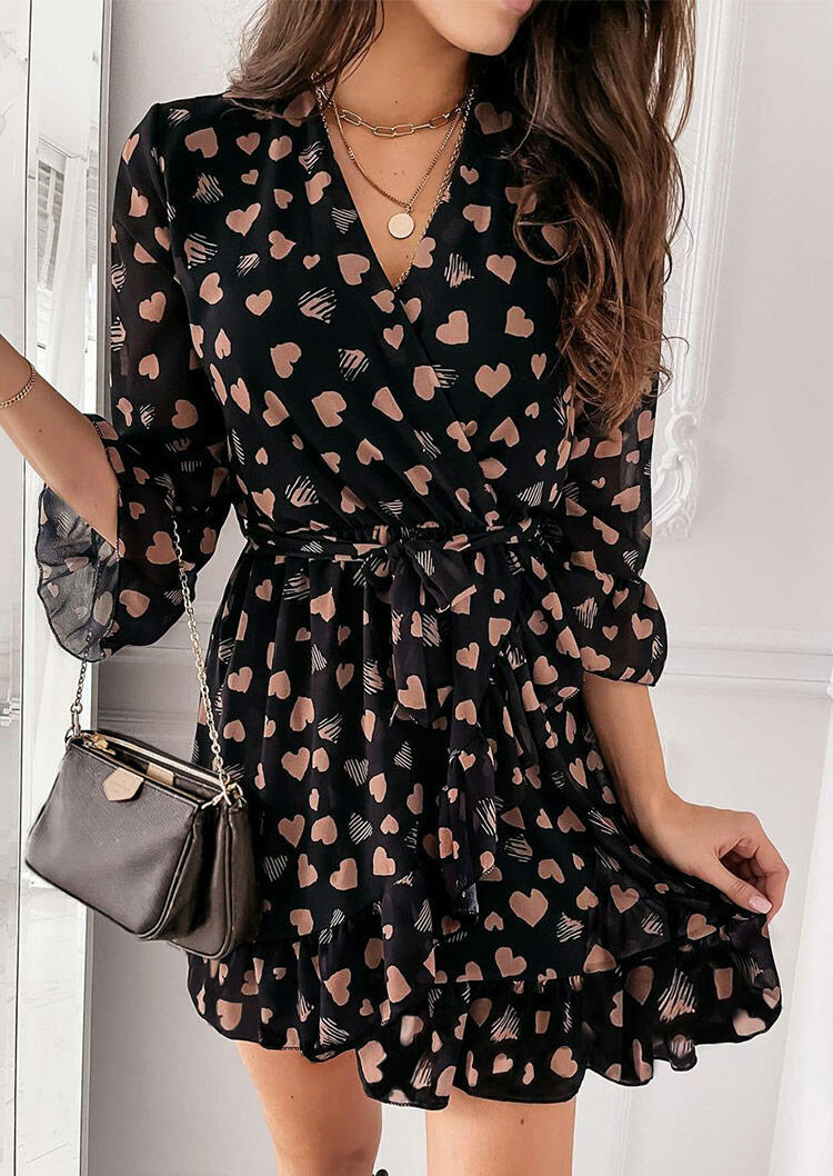

Mini Dresses Valentine Love Heart Ruffled V-Neck Mini Dress in Black. Size