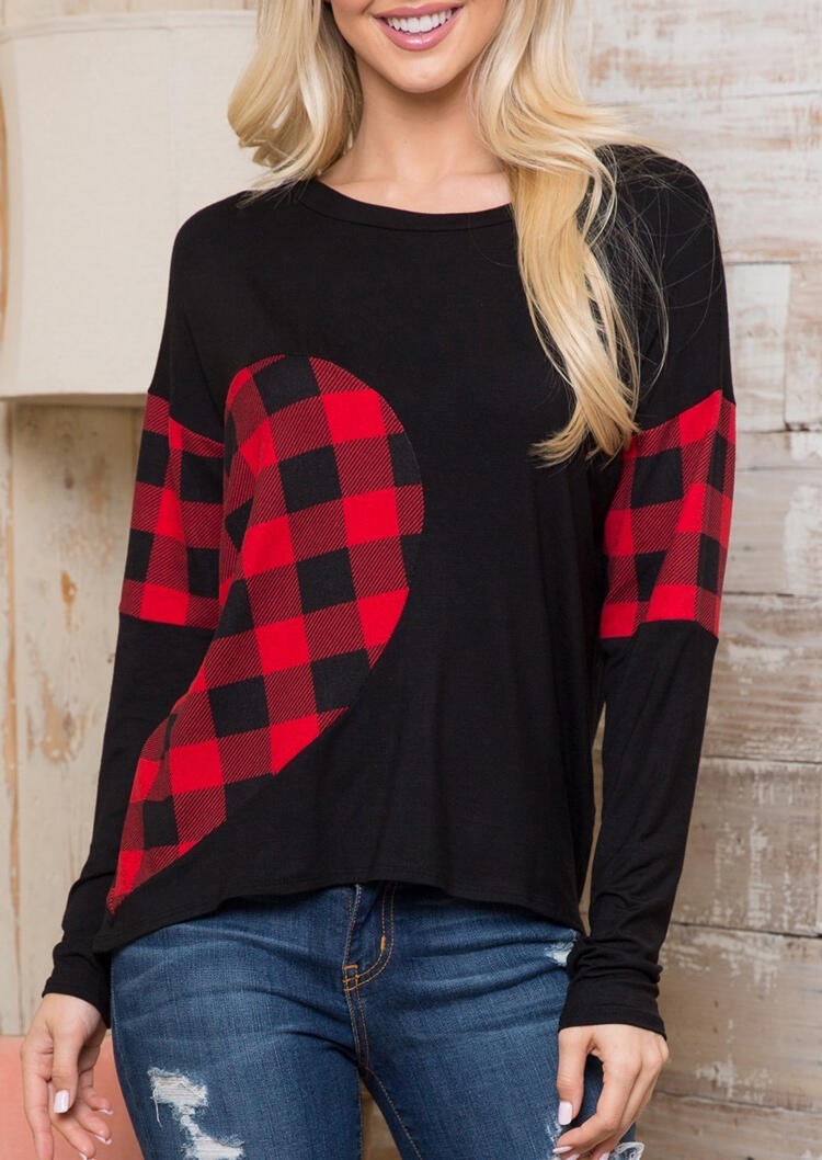 

Blouses Valentine Love Heart Plaid Long Sleeve Blouse in Black. Size: S,M,,XL
