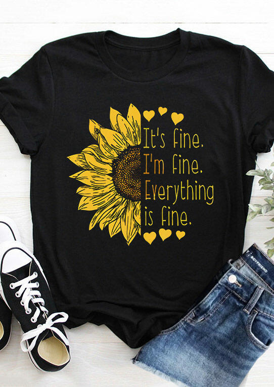 T-shirts Tees Sunflower It's Fine I'm Fine Everything Is Fine T-Shirt Tee in Black. Size: S