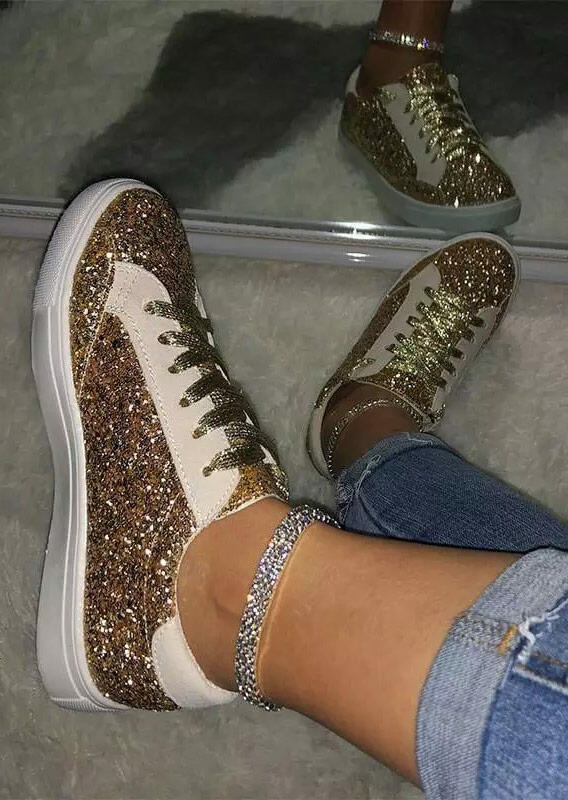 

Sneakers Glitter Lace Up Round Toe Flat Sneakers in Gold. Size: ,38,39,40,41