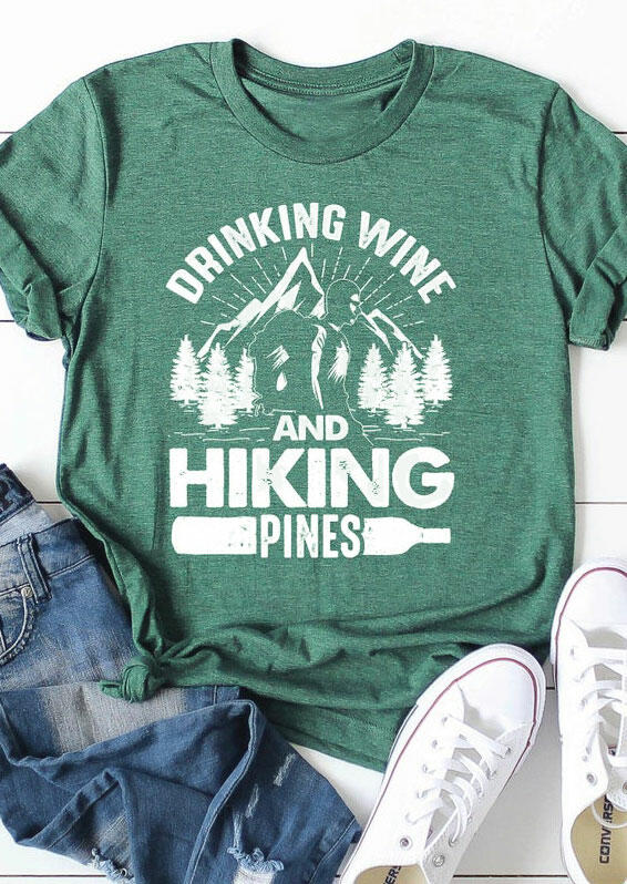 

T-shirts Tees Drinking Wine And Hiking Pines Mountain T-Shirt Tee in Light Green. Size: ,M,L,XL