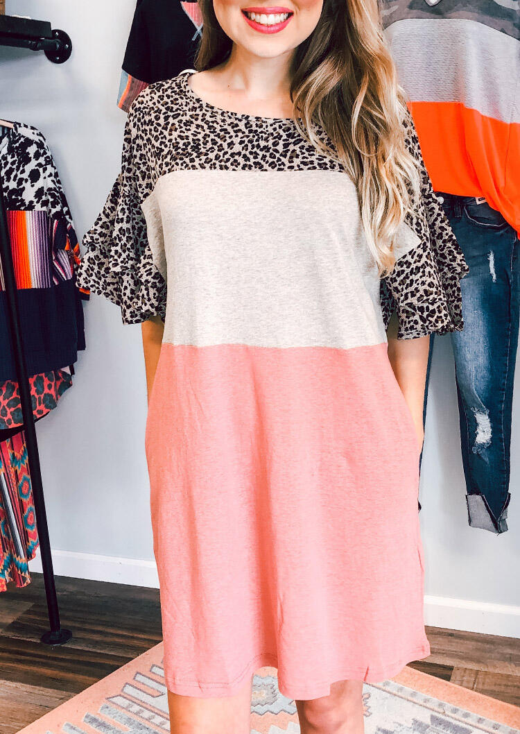

Mini Dresses Leopard Color Block Flare Sleeve Mini Dress in Multicolor. Size: S,M,,XL