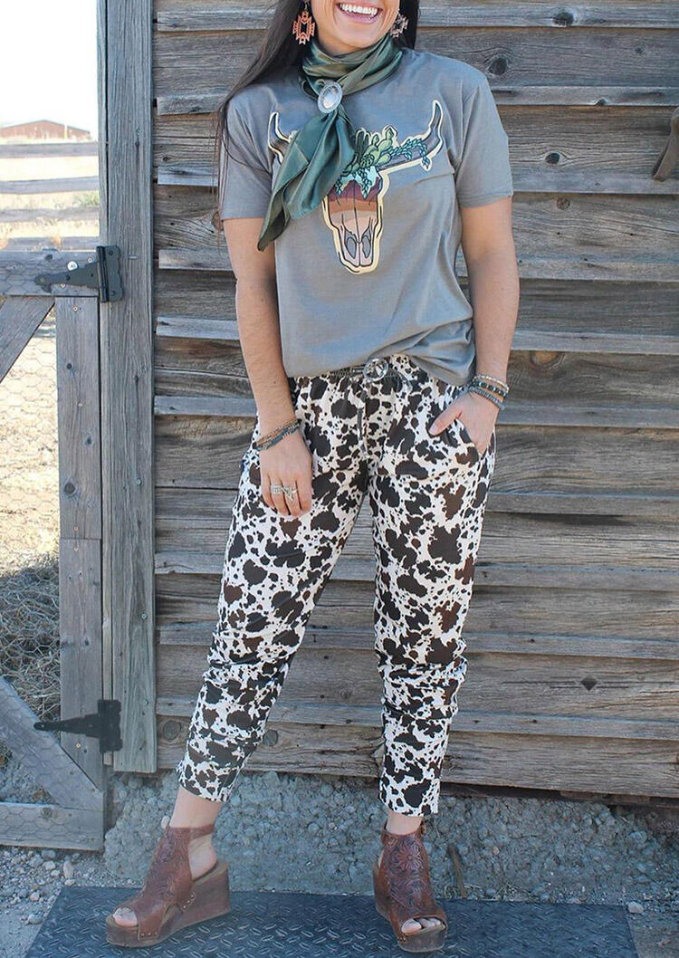 

Pants Cow Drawstring Pocket High Waist Pants in Multicolor. Size