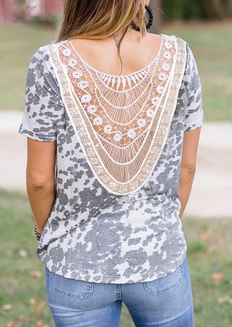 Cow Lace Splicing Open Back Casual Blouse