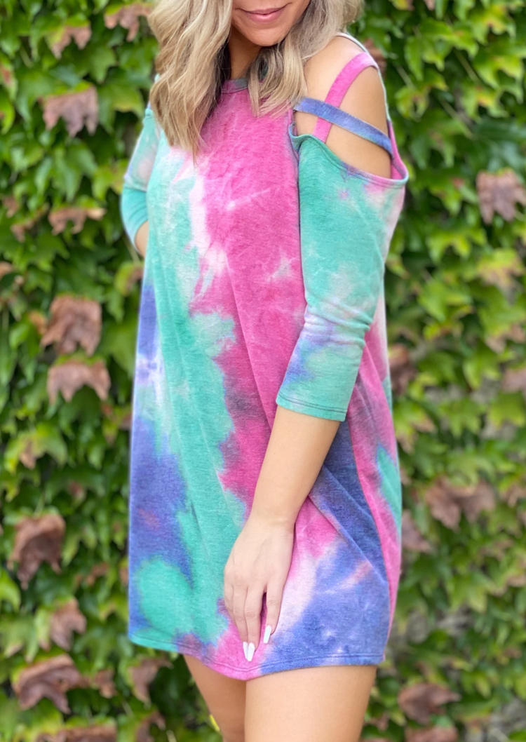 Tie Dye Criss-Cross Cold�0�2Shoulder Mini Dress