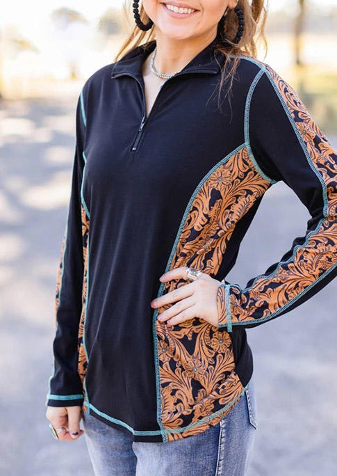 

Sweatshirts Floral Tooled Pattern Buckstitch Splicing Pullover Sweatshirt in Navy Blue. Size: S,M,,XL