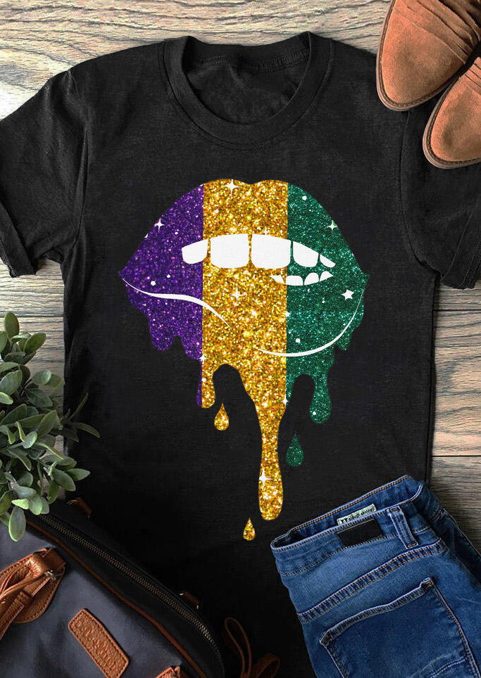 

Tees T-shirts Mardi Gras Colorful Lips O-Neck T-Shirt Tee in Black. Size: S,M,,XL