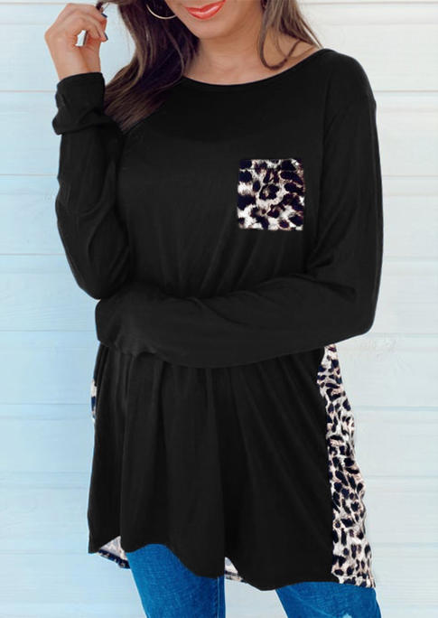

Blouses Leopard Criss-Cross Open Back Pocket Blouse in Black. Size: ,L