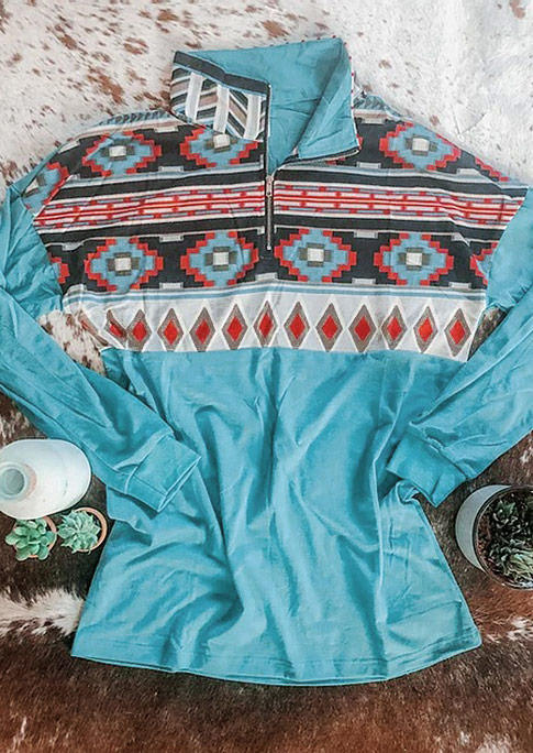 

Sweatshirts Aztec Geometric Zipper Collar Pullover Sweatshirt in Lake Blue. Size: S