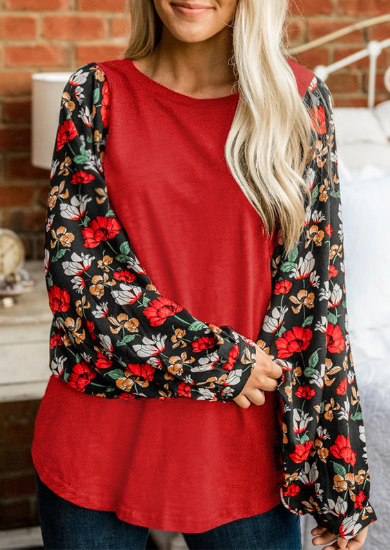 

Blouses Floral O-Neck Lantern Sleeve Blouse in Red. Size