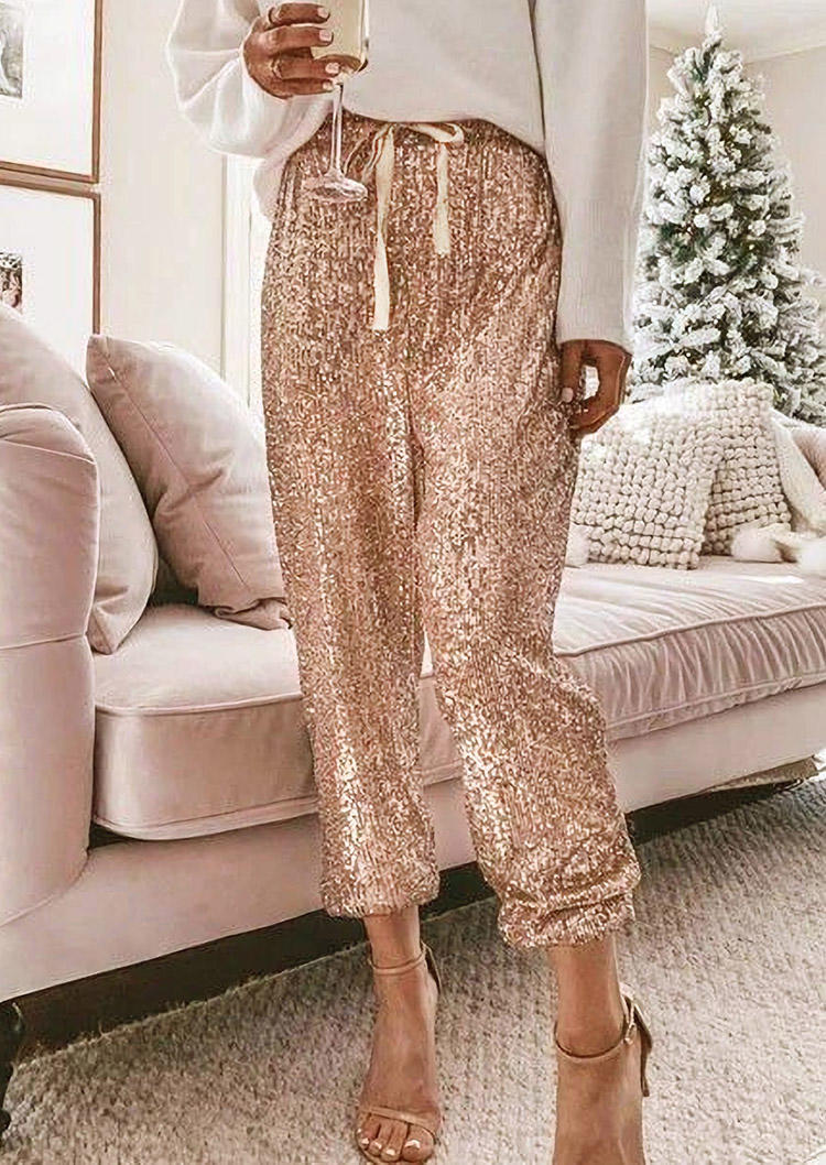 

Pants Sequined Drawstring High Waist Pants in Gold. Size