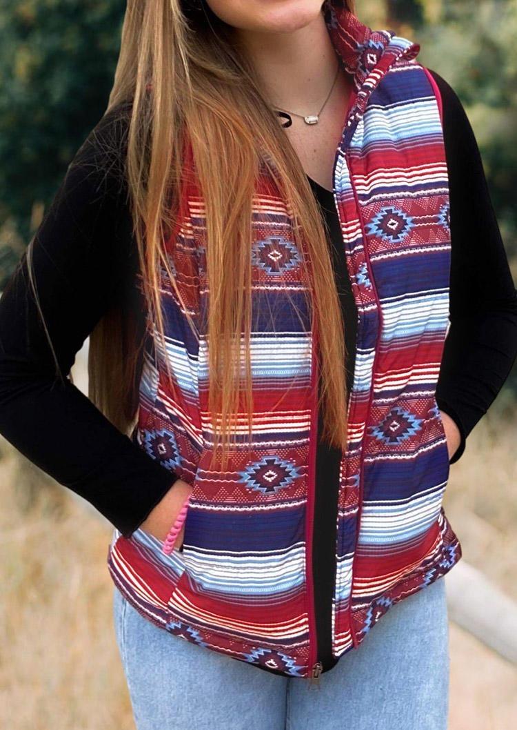 

Coats Aztec Geometric Striped Pocket Zipper Vest Coat in Multicolor. Size