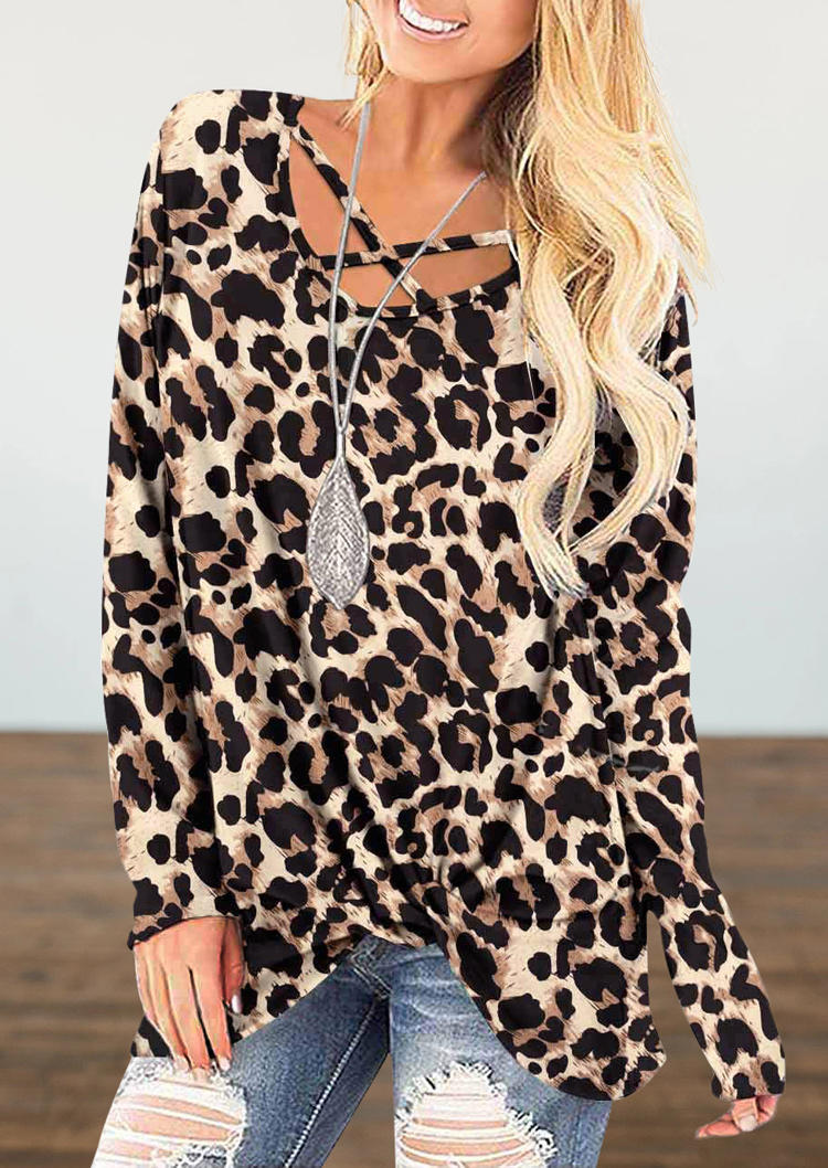 

Blouses Leopard Criss-Cross Twist Long Sleeve Blouse in Leopard. Size