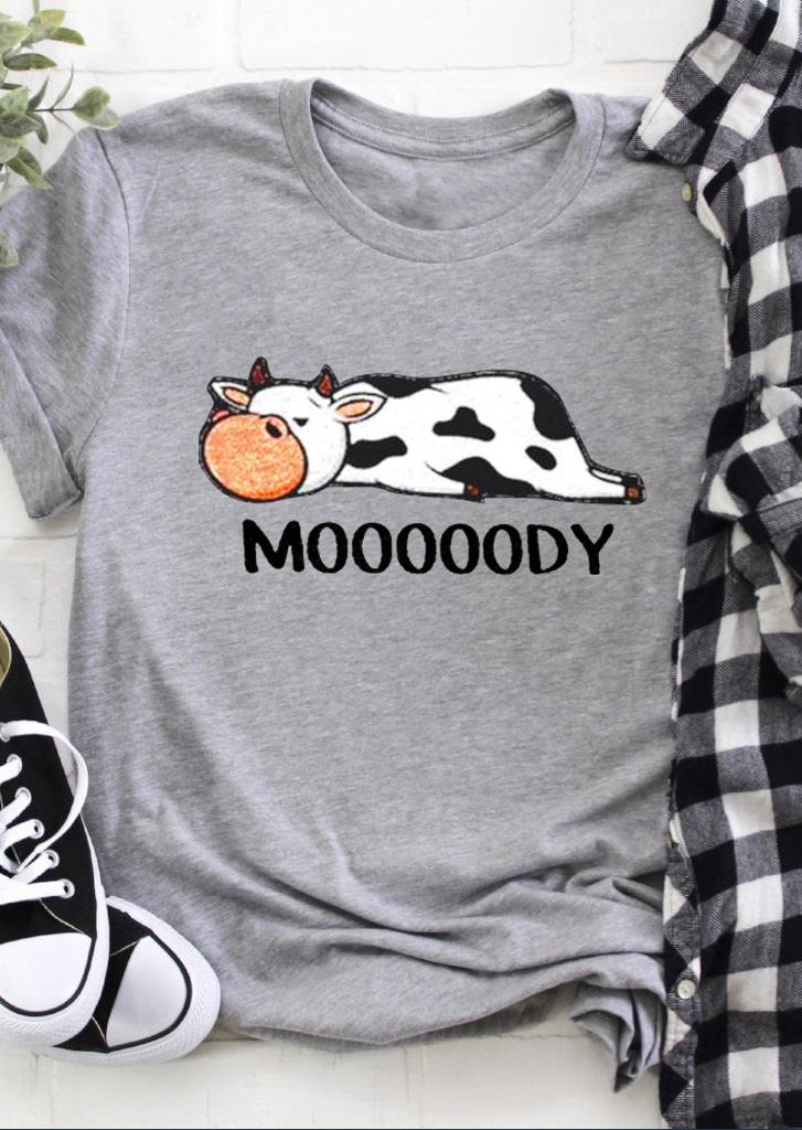 

T-shirts Tees Mooooody Lazy Cow O-Neck T-Shirt Tee in Gray. Size