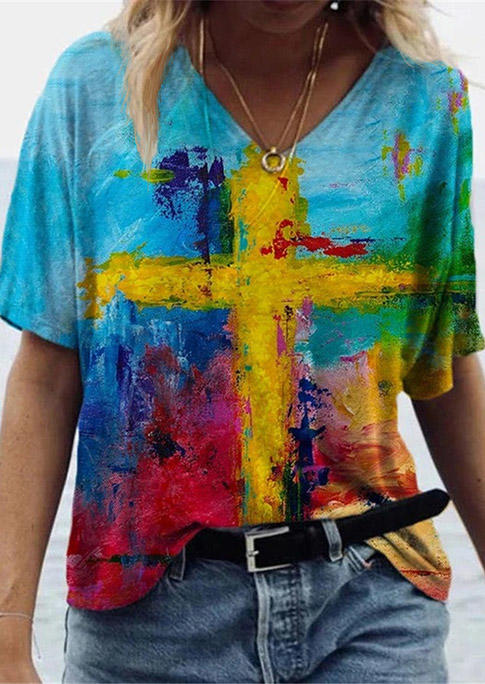 

Tees T-shirts Graffiti Cross Painting V-Neck Raglan Sleeve T-Shirt Tee in Multicolor. Size: S,M,,XL