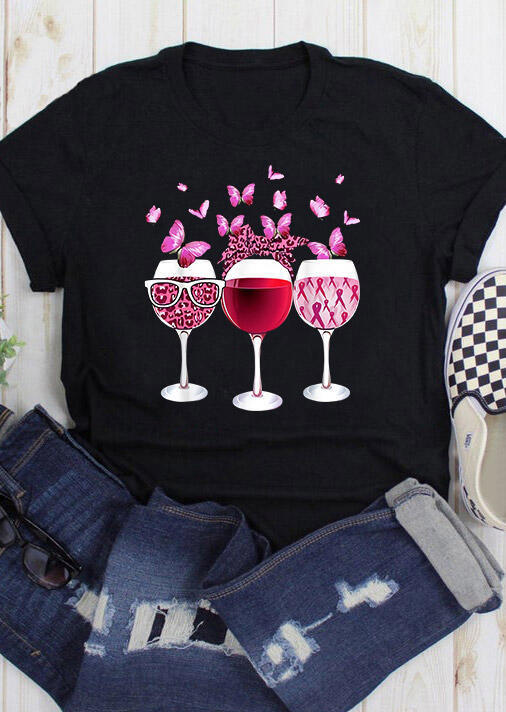 

T-shirts Tees Wine Glass Butterfly Ribbon Breast Cancer Awareness T-Shirt Tee in Black. Size: ,M